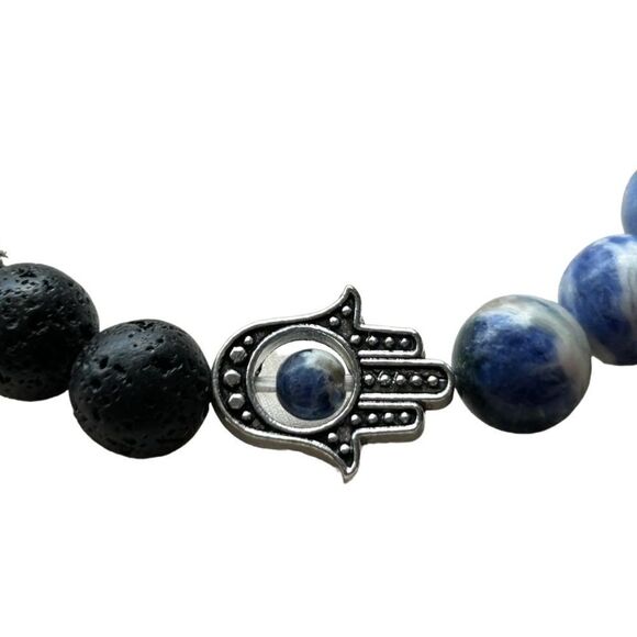 NEW Lava and Sodalite Hamsa (Hand of Fatima) Bracelet - Picture 2 of 3